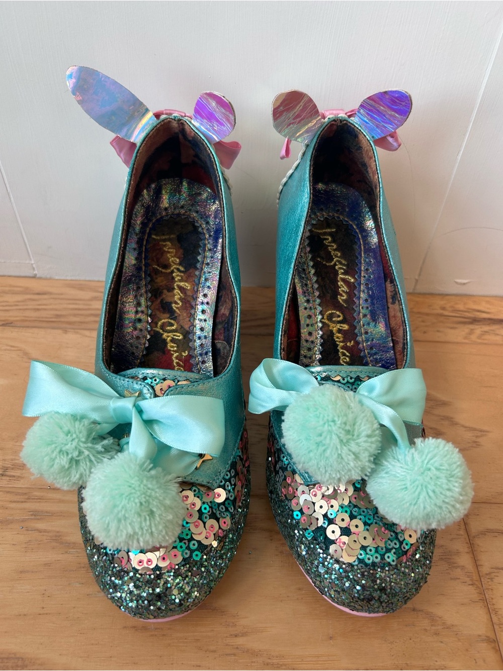 Irregular Choice Snuggle Bunny Heels 9 Mint Green Sparkle Glitter Sequins